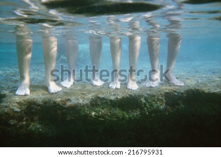 Low section view of four people standing in water