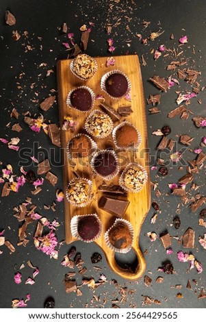 Similar – Image, Stock Photo Food Platter With Truffle Cheese, Duck Breast, Brie Cheese, Pecan Nuts, Pomegranate Seeds, Grapes, Almonds, Honey, Olives and Crackers