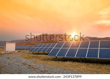 Image, Stock Photo power solar panel on blue sky background,alternative clean green energy concept. Aerial view of Solar panels Photovoltaic systems industrial landscape