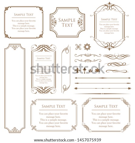 Vector set of vintage elements for design. Ornamental frames, borders, dividers, banners, arrows, monogram, corners, square, template for logo. Pear and flower vignette. Premium gold style