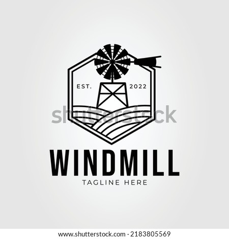 windmill or wind miller with propeller on hexagon badge logo vector illustration design