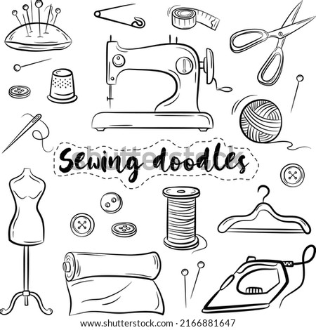 Sewing doodle icons hand drawn. Vector outline illustration. Tailoring background for logo, web and print designs. 