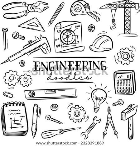 Engineering jobs or profession doodle hand drawn set collections with outline black style