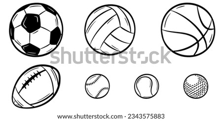 Set of sports ball illustration doodle collection. Black cartoon sketch isolated on white background