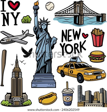 New York city doodles elements. Hand drawn set with, taxi, coffee, burger, statue of liberty, manhatan bridge. Isolated colorful sketch collection.