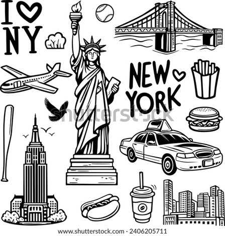 New York city doodles elements. Hand drawn set with, taxi, coffee, burger, statue of liberty, bridge. Isolated black sketch collection.