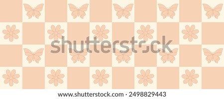 Butterfly and flower seamless pattern on checkered background vector illustration. Insect and daisy with outline repeated ornament. 70s aesthetic design for textile, fabric, wrapping paper, package.