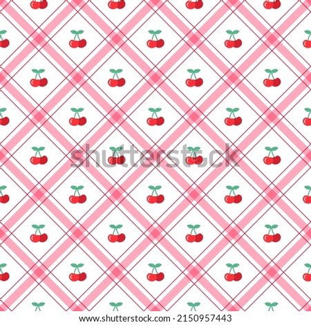 Cute Cherry leaf Fruit Element Red Green Diagonal Stripe Striped Line Tilt Checkered Plaid Tartan Buffalo Scott Gingham Pattern Cartoon Vector Seamless Pattern Print Background Fashion Fabric Picnic