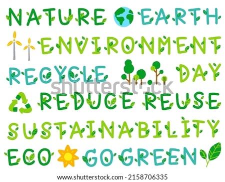 Cute Environmental Go Green Eco Environment Day Leaf Sustainability Recycle Reuse Reduce Word Font Letter Cartoon Hand Drawing Drawn Green Doodle Set Collection isolated vector illustration Icon