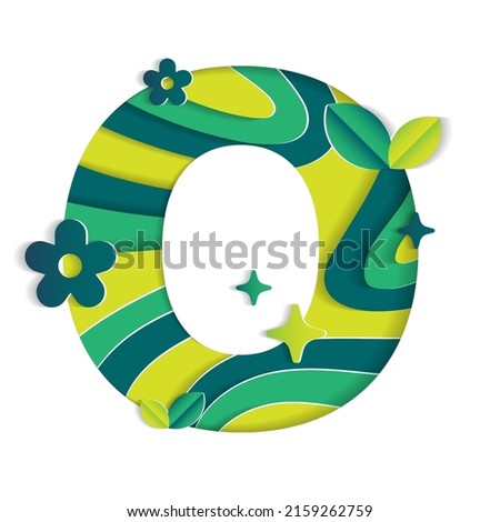 O Alphabet Character Environmental Eco Environment Day Leaf Font Letter Cartoon Style Abstract Paper Sparkle Shine Green Mountain Geography Contour Map 3D Paper Layer Cutout Card Vector Illustration Foto stock © 