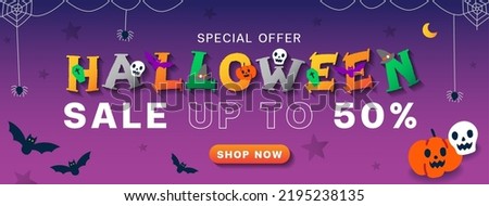 Cute advertising Halloween cartoon online marketing promotion sale up to 50% web banner invitation card vector violet background ghost, skull, pumpkin, jack o lantern, bat, spider web shop now button