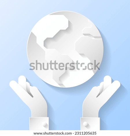 Earth World Environment Day Eco Sustainability Responsibility Concept Save World Hands Holding Earth Globe Planet Care 3D White Papercut Paper art style Icon Isolated Background Vector Illustration