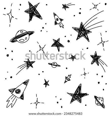 Cute Confetti Star Galaxy Space Night Sky Meteor Shooting Star Planet Saturn Rocket. Sprinkle Sparkle Shine. Doodle Scribble Sketch Brush Pen Ink. Abstract Black Seamless Pattern White Background.