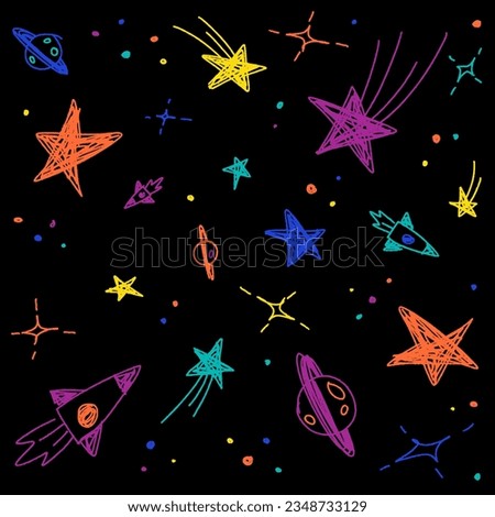 Cute Confetti Star Galaxy Space Night Sky Meteor Shooting Star Planet Saturn Rocket. Sprinkle Sparkle Shine. Doodle Scribble Sketch Brush Pen Ink. Abstract Color Seamless Pattern Black Background.