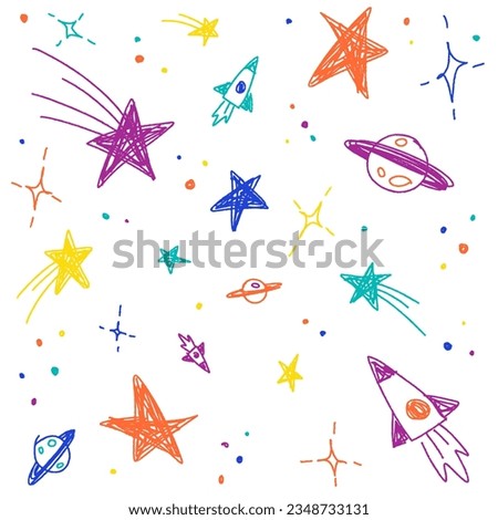Cute Confetti Star Galaxy Space Night Sky Meteor Shooting Star Planet Saturn Rocket. Sprinkle Sparkle Shine. Doodle Scribble Sketch Brush Pen Ink. Abstract Color Seamless Pattern White Background.