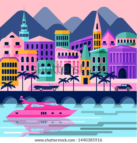 Hotels and villas by the sea. Southern resort on a Sunny day. Pink yacht. Flat vector design