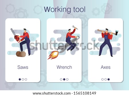 Design of mobile app to onboarding screens. Set of mobile app pages of online store about sale of working tools. Saws, wrench, axes for woodmans, builders, craftsmen. Flat cartoon vector illustration.