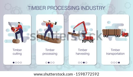 Design of mobile app to onboarding screens. Set of web pages about timber logging, loading and transportation. Special equipment for logging. Timber handling machine and timber carrying vessel