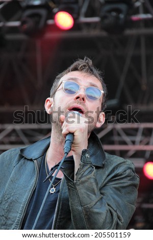 BARCELONA, SPAIN - JULY 11, 2014: Damon Albarn, singer from Blur and Gorillaz, performing live his solo tour 