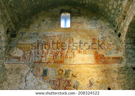 Ancient fresco paintings on the Medieval byzantine fortress of Mystras (UNESCO World heritage), near to historical city of Sparta. Greece.