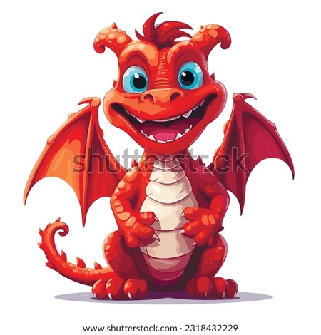 Funny cartoon little red sitting dragon. Vector illustration