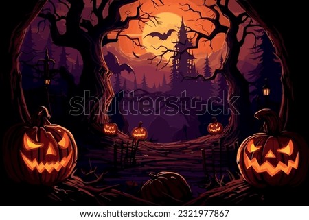 Halloween night, pumpkins, dark atmosphere, vector illustration