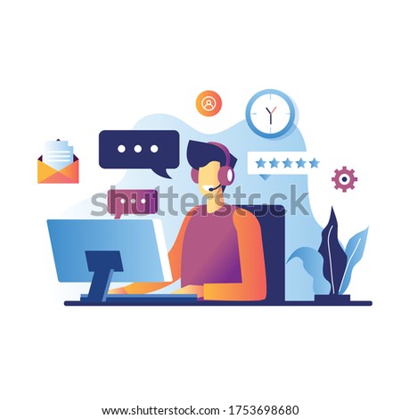 Vector illustration, customer service, male hotline operator advises client, online global technical support 24/7, customer and operator