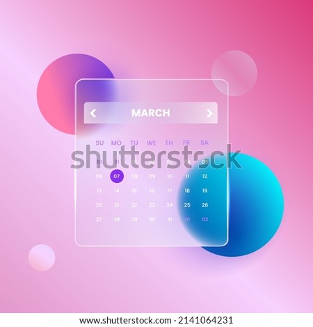 Glassmorphism user interface Calendar Template for mobile apps or web application blue and yellow gradient ball concept