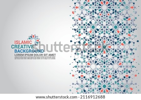 Islamic greeting card, banner background with ornamental colorful details of arabesque mosaic Islamic art ornament. Vector illustration.