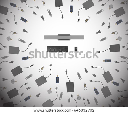 Vector of desktop pc from top view being surrounded by many usb drives and external hard disk trying to connect to this pc. Abstract meaning of cyber security, computer virus, Wannacry virus, malware.