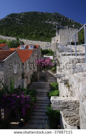 Old street in the Big Ston (Croatia) and ancient walls (right side). Second world longest defense wall in Ston, Peljesac peninsula, Croatia Europe.