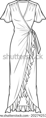 women v neck ruffle wrap dress with flutter sleeve flat sketch vector illustration