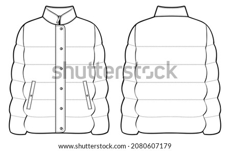 Quilted jacket technical sketch of women and men unisex down jacket front and back view vector illustration 