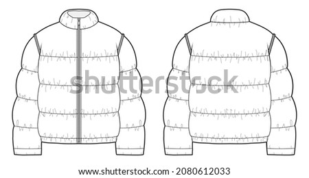Unisex quilted padded jacket long sleeve bomber down jacket flat sketch front and back view vector template