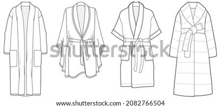 dressing gown, bathrobe fashion flat sketch vector illustration unisex self belt bathrobe template isolated illustration on white background. CAD mockup.