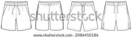 flat sketch set of mens elastic waist drawstring shorts vector illustration. CAD mockup.