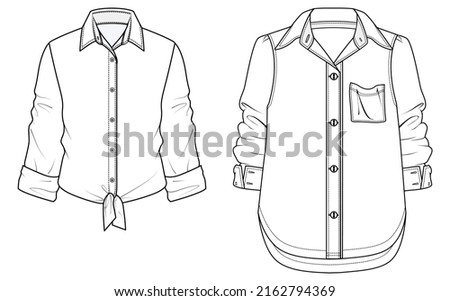women long sleeve shirt flat sketch vector illustration. button down collar shirt technical drawing, apparel template cad mockup. isolated on white background.