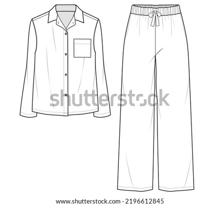 womens long sleeve sleep wear shirt and long pant sleep set fashion flat sketch vector illustration template. cad mockup.