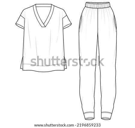 mens sleepwear set top and bottom deep v neck short sleeve t shirt and long pant sleep set fashion flat sketch vector illustration template. technical drawing cad mockup isolated on white background.