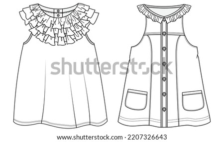 baby girls sleeveless dress technical drawing flat sketch vector illustration