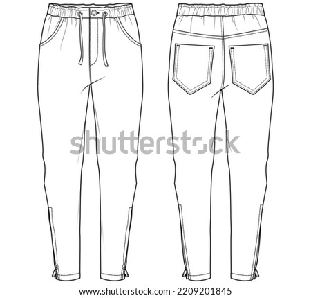 mens sports wear track pant with side zipper fashion flat sketch vector illustration template. front and back view cad drawing.