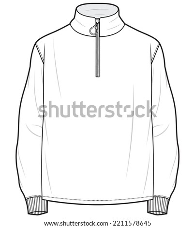 half zip long sleeve high neck t shirt fashion flat sketch vector illustration.