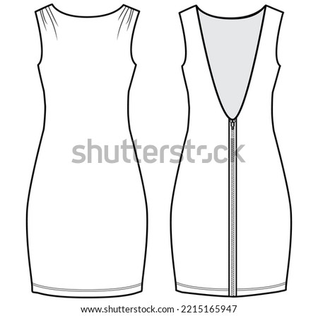 womens sleeveless crew neck open back bodycon mini dress with zip back fashion flat sketch vector illustration. front and back view technical drawing template. cad mockup.