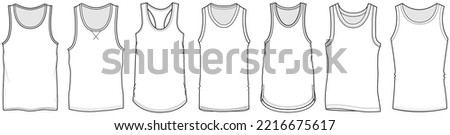 mens sleeveless underwear vests, inner wear tank tops, undershirts fashion flat sketch vector illustration technical drawing template, cad mockup.