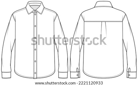 plain white formal shirt flat sketch vector illustration mens long sleeve office wear shirt front and back technical cad drawing template.