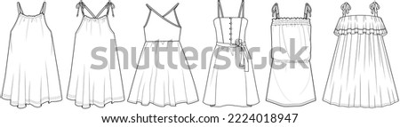 girls strappy dress flat sketch vector illustration a line summer beach dress, sundress technical cad drawing template