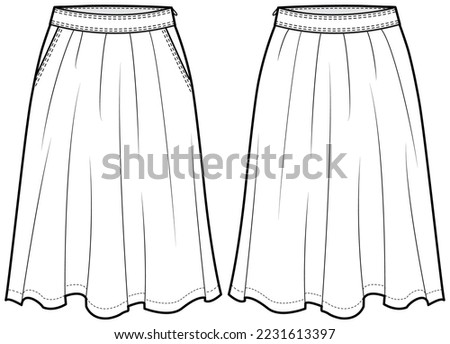 womens midi skirt flat sketch vector illustration front and back view technical cad drawing template