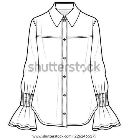 womens bell sleeve button down shirt blouse flat sketch vector illustration technical cad drawing template