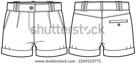 womens turn up shorts flat sketch vector technical cad drawing template