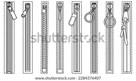 set of zippers flat sketch vector illustration technical cad drawing template